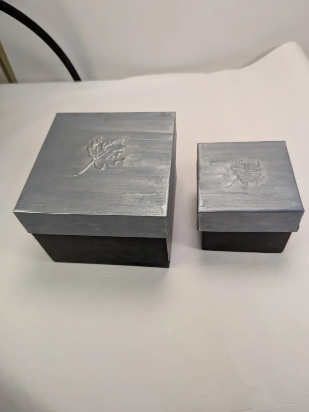 Embossed (2) Metal Leaf Trinket Boxes Rustic Boho Decor with Silver-Tone Lids
